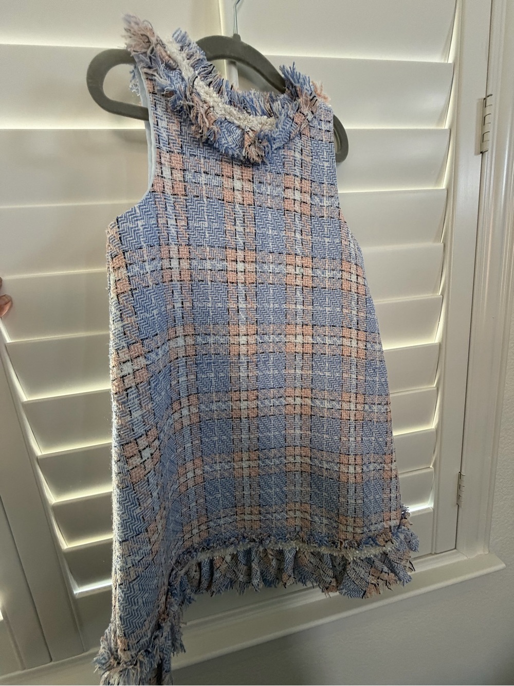 Blueberi Boulevard Pastel Blue & Pink Fringed Tweed Shift